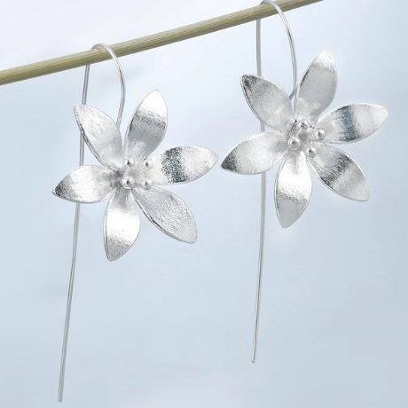 Silver Plated Long Flower Earrings