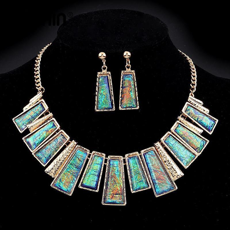 Colorful Rectangle Boho Choker Necklace with Earrings