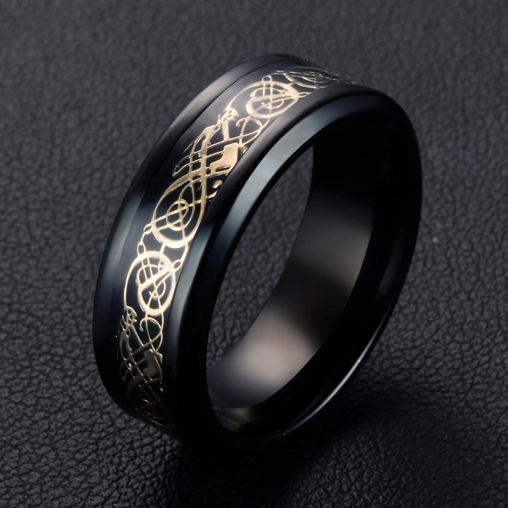 Mens Black Gold Carbon Fiber Dragon Ring