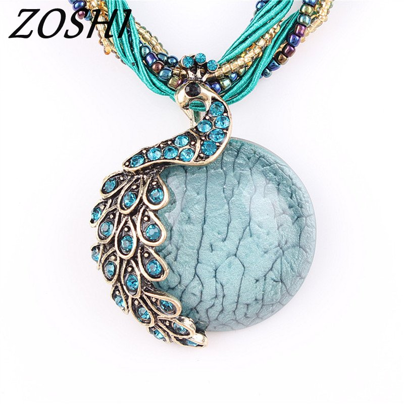 Natural Crystal Stone Peacock Pendant Necklace