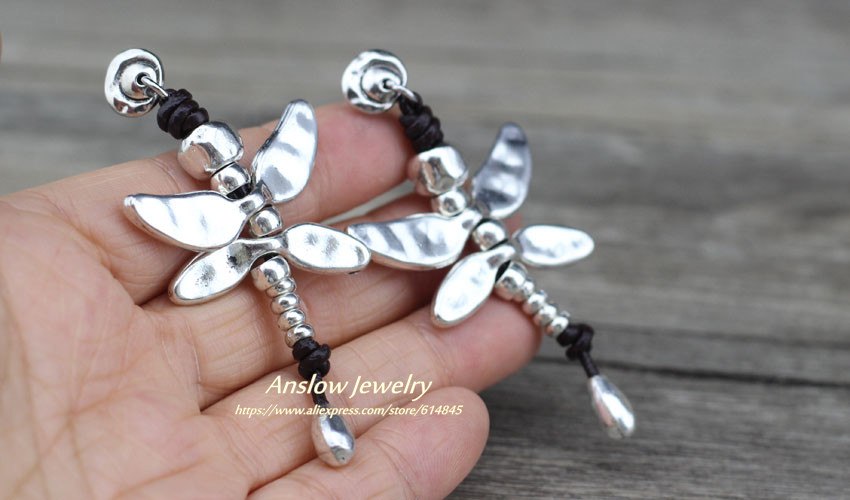Dragonfly Antique Silver Plated Leather Earrings