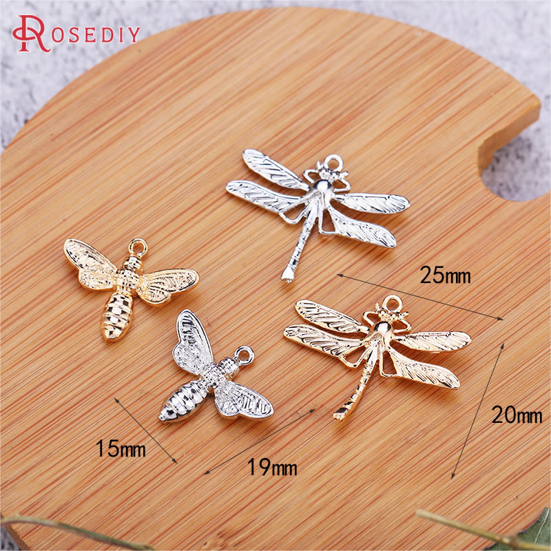 6PCS 24K Gold Color Plated Brass Dragonfly and Bee Charms Pendants & Earrings
